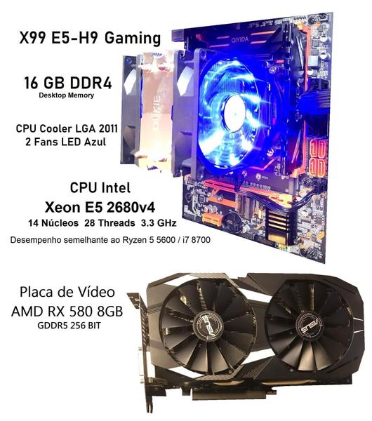 Imagem de Kit X99 Gaming Xeon E5 2680v4 14 Núcleos (Ryzen 5 5600) + 16GB DDR4 + RX 580 8GB + Cooler 2 Fans LED