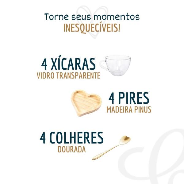 Imagem de Kit Xicaras + Pires Madeira + Colher Dourada Mesa Posta Café