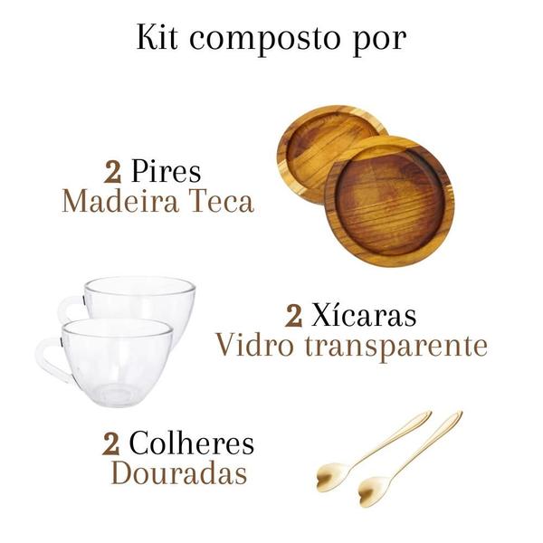 Imagem de Kit Xicaras + Pires Madeira + Colher Dourada Mesa Posta chá