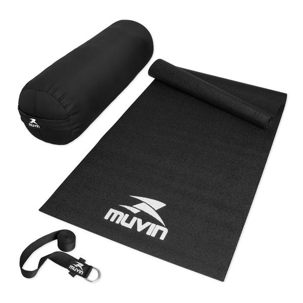 Imagem de Kit Yoga Muvin - Tapete PVC + Strap 245 cm e Bolster Almofadão Cilíndrico - Alongamento RPG Pilates