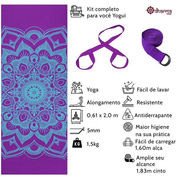 Imagem de Kit Yoga Roxo Premium Mandala 5mm+Alça+Cinto de Alongamento