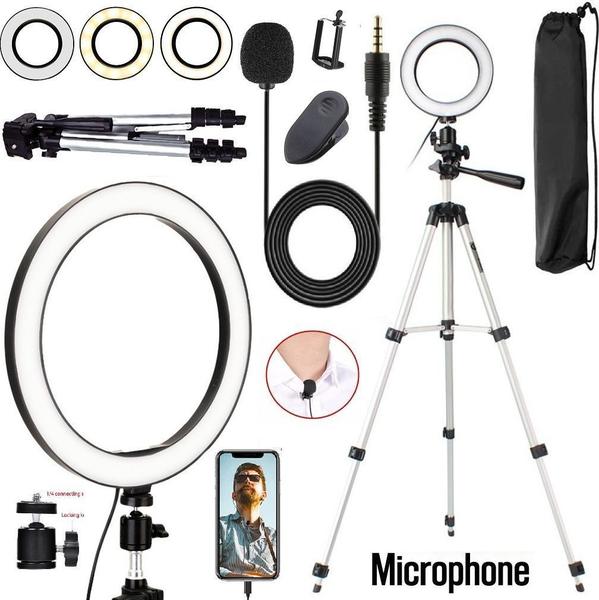 Imagem de Kit Youtuber Gravação de Vídeo Profissional + Tripé Para Celular Universal Iluminador Ring Light Led Branco Frio Quente