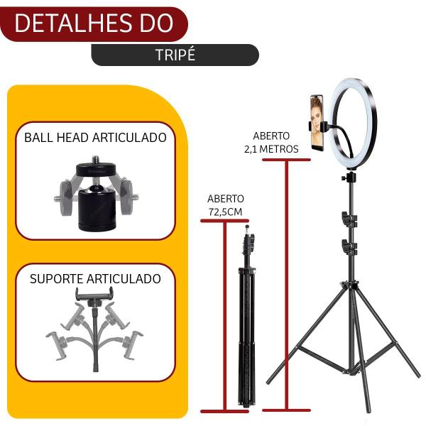 Imagem de Kit Youtuber Iluminador Completo Aro 10 Polegadas com Tripe 2,10m Ring Light Blogueiro Make