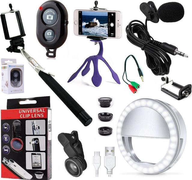 Imagem de Kit Youtuber Microfone Lapela + Tripé Iluminador Ring Light Luz Flash Led Lentes 3x1 Celular Universal Câmera Disparador