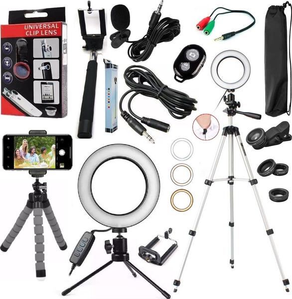 Imagem de Kit Youtuber Microfone Lapela + Tripé Iluminador Ring Light Luz Flash Led Lentes 3x1 Celular Universal Câmera Disparador