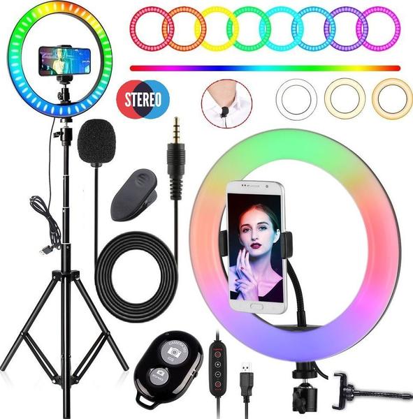 Imagem de Kit Youtuber Microfone Mesa Profissional Lapela Tripé 2,10m Universal Celular Iluminador Ring Light Luz Led Colorido Rgb