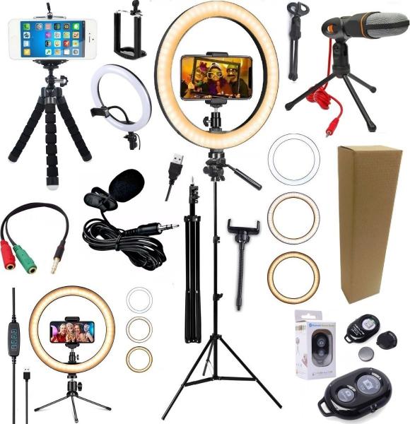 Kit Youtuber Microfone Mesa Tripé Iluminador Ring Light Anel - Leffa Shop Imagem de Kit Youtuber Microfone Mesa Tripé Iluminador Ring Light Anel