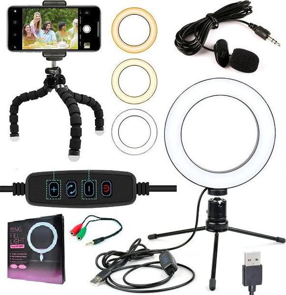 Imagem de Kit Youtuber Profissional Microfone Lapela Tripé Flexível Câmera Luz Flash Anel Led Iluminador Ring Light Fotos Vídeos