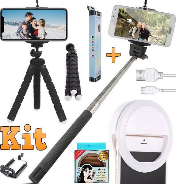 Imagem de Kit Youtuber Tripé Celular Luz Iluminador Ring Light + Pau Selfie Bastão Monopod P2 Universal Foto Vídeo