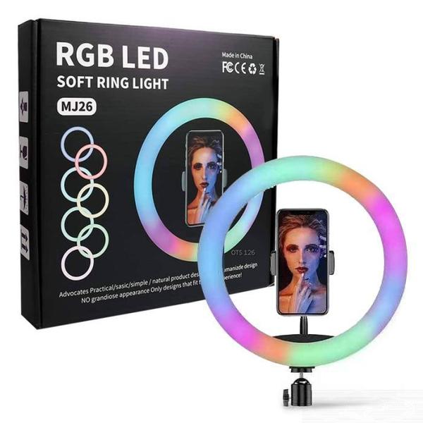 Imagem de Kit Youtuber Tripé Profissional Microfone de Lapela Para Celular + Iluminador Led Anel Ring Light Rgb Colorido Universal