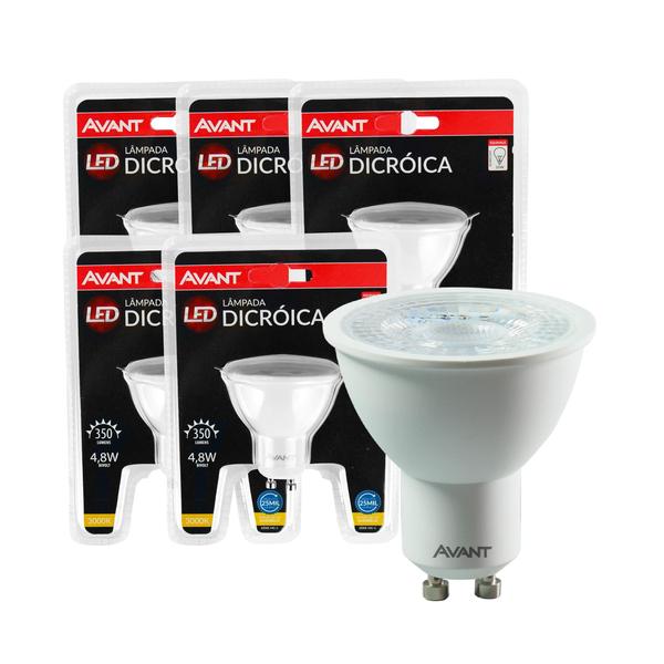 Imagem de Kit5 Lâmpada LED Dicróica 4.8W MR16 Bivolt 3000K Luz p/ Iluminação Comercial e Residencial - Avant