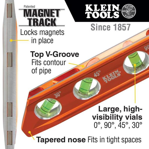 Imagem de Klein Tools 935AB4V Nível, 6,25 polegadas Nível de torpedo magnético é um nível de conduíte com 4 frascos, V-Groove e Magnet Track, High Viz Orange