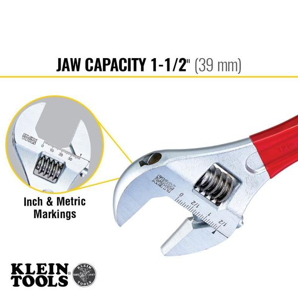 Imagem de Klein Tools D507-12 Chave de Ajustável de Acionamento, Forjada com mandíbula de capacidade extra e acabamento cromado polonês alto, 12 polegadas