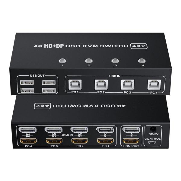 Imagem de KVM Switch Dual Monitor 4K 60Hz HDMI+DP P/ 4 PCs X 2 Telas