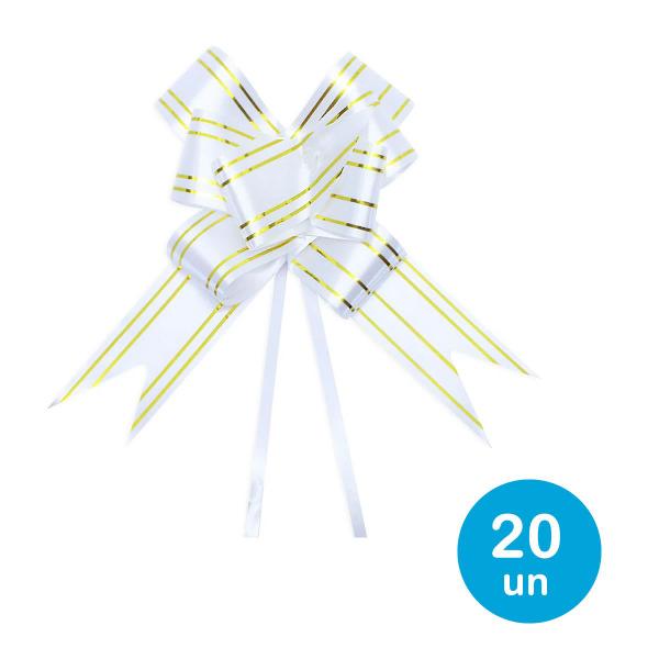Laço pronto p/ presente 47cm- Branco c/dourado 20un - Rio Tijucas Imagem de Laço pronto p/ presente 47cm- Branco c/dourado 20un