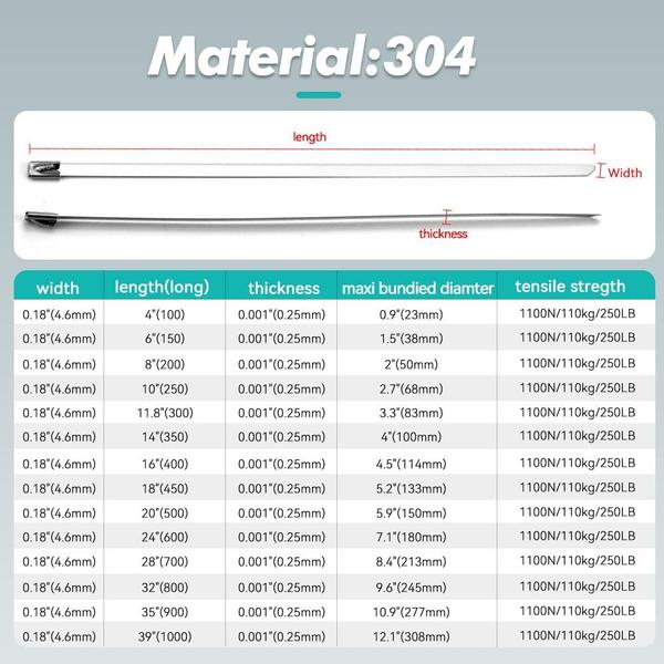 Laços de zíper de metal JOUGU 304, aço inoxidável, 300 mm, 100 unidades, 250 libras Imagem de Laços de zíper de metal JOUGU 304, aço inoxidável, 300 mm, 100 unidades, 250 libras