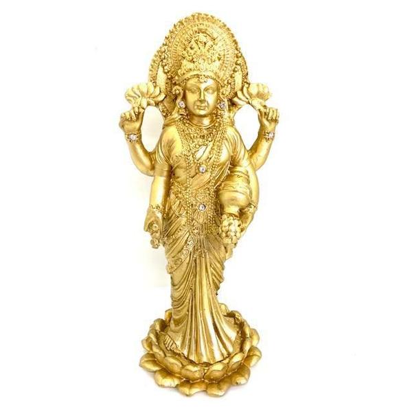 Imagem de Lakshmi Na Flor De Lótus Em Pé Dourado Em Resina 25 Cm