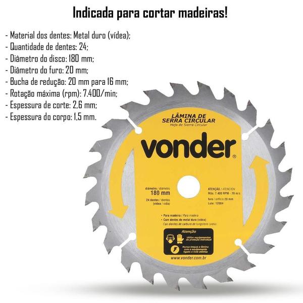 Imagem de Lâmina De Serra Circular Vídea 180X20Mm 24 Dentes Vonder