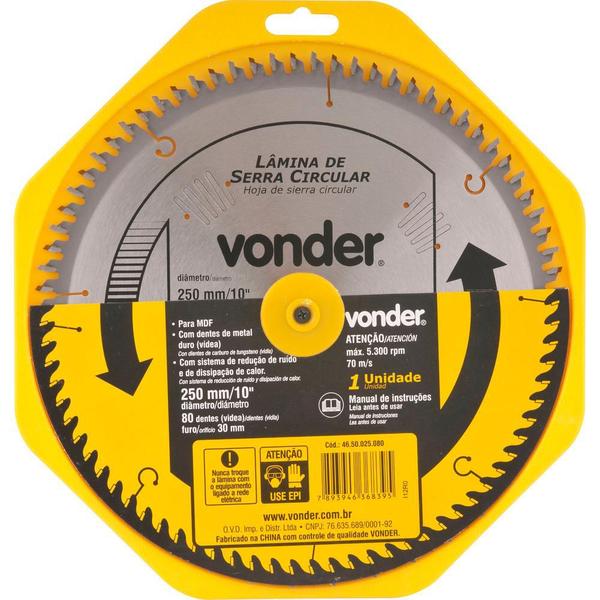 Imagem de Lamina serra circular vídea 250x30x3,0mm 80 dentes 5300 rpm para mdf - Vonder