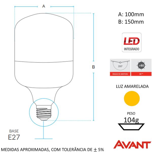 Lampada Bulbo 50w Branco Quente 3000k Amarela Alta Potencia - Avant Imagem de Lampada Bulbo 50w Branco Quente 3000k Amarela Alta Potencia