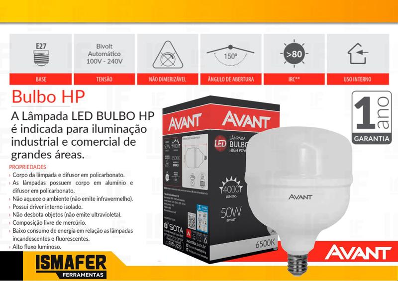 Imagem de Lâmpada Bulbo Led 50w E27 Bivolt 6500k Alta Potência Avant