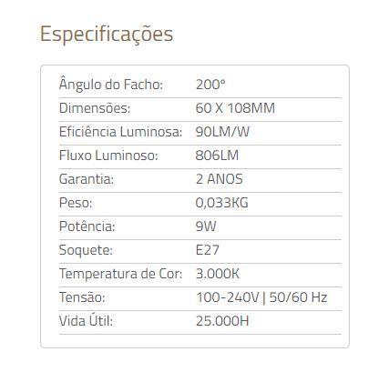 Imagem de Lampada bulbo led 810lumen 9w 6500k e27 a60 ref 03096016 blumenau iluminacao