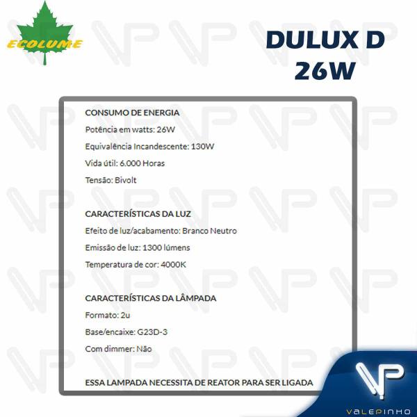 Lâmpada compacta 2pinos 26w 4000k(branco neutro)g23d-3 kit20 - Valepinho Imagem de Lâmpada compacta 2pinos 26w 4000k(branco neutro)g23d-3 kit20