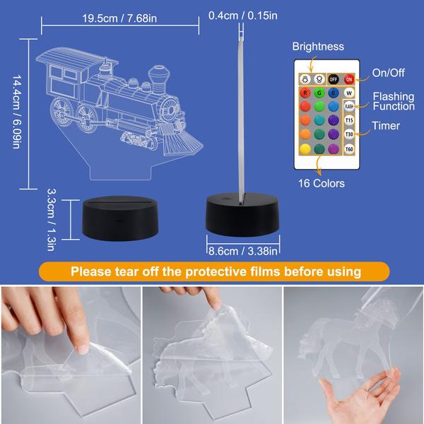 Imagem de Lâmpada de ilusão 3D Night Light Train para crianças com controle remoto