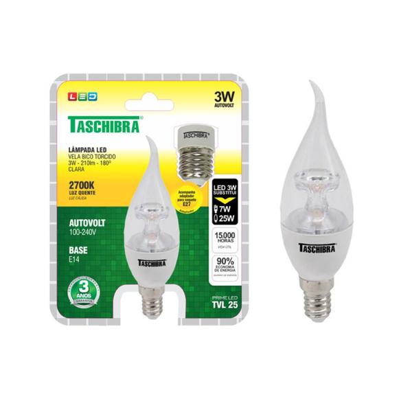 Imagem de Lâmpada De LED Vela Bico Torcido TVL 25 / 3W 2700K E14 Com Adaptador  E27 - Taschibra