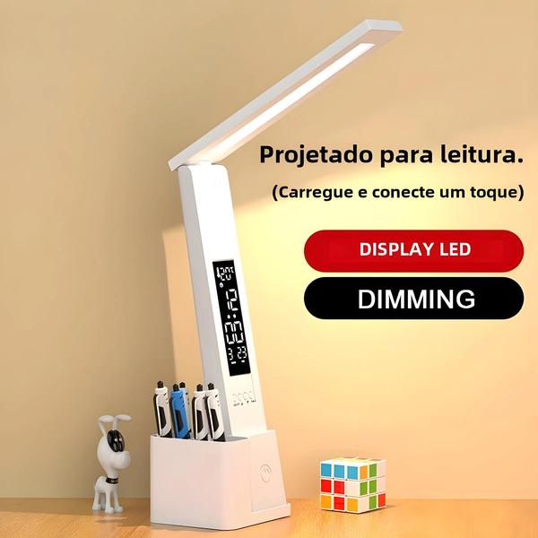 Imagem de Lâmpada De Mesa LED De Toque Regulável USB Com Calendário Relógio De Temperatura Luz Noturna