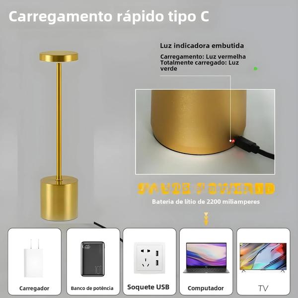 Imagem de Lâmpada de Mesa LED Recarregável com Sensor de Toque - 3 Cores Ajustáveis