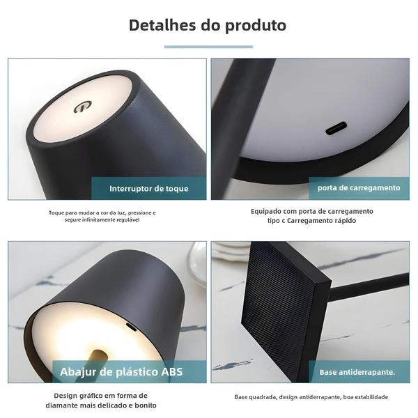 Imagem de Lâmpada de Mesa LED Recarregável via USB - Toque, Sem Fio e à Prova D'Água