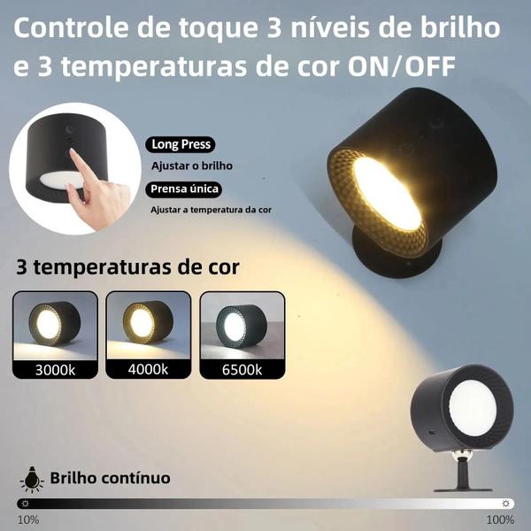 Imagem de Lâmpada de Parede LED Recarregável via USB - Controle por Toque - 360° - Luz Noturna Rotativa