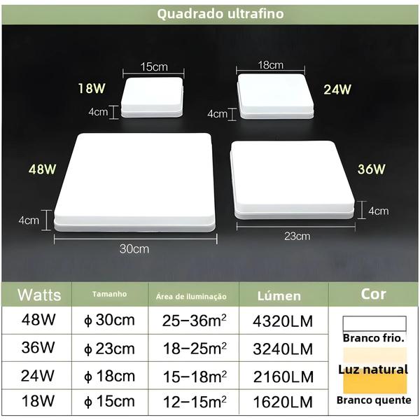 Imagem de Lâmpada de Teto LED Quadrada Marpou - 48W, 36W, 24W, 18W (Luz Branca Quente, Neutra e Fria)