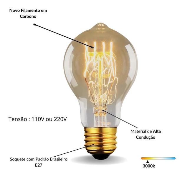 Imagem de Lâmpada Filamento Carbono Bulbo A19 Vintage Retro T. Edison