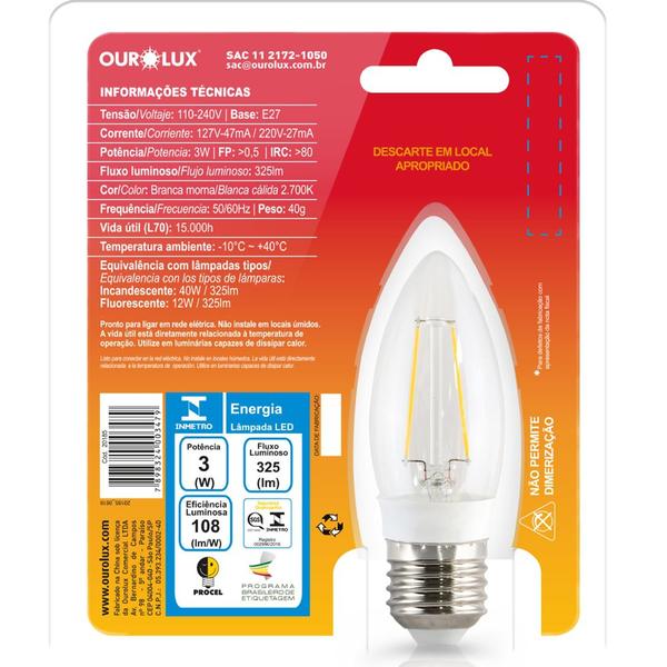 Imagem de Lâmpada Filamento Vela E27 de 3 Watts e 2700K - 20185 - OUROLUX