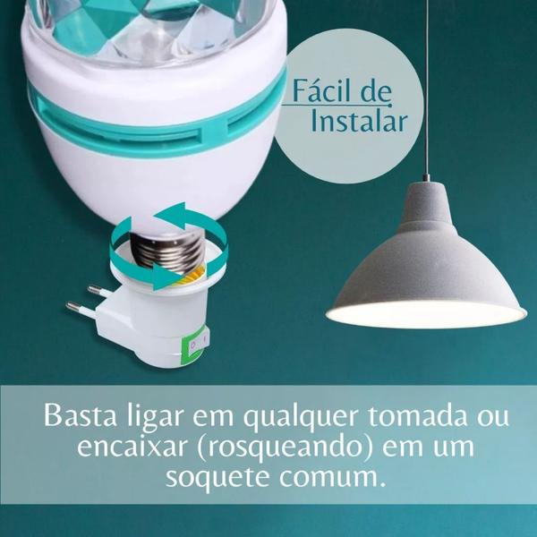 Imagem de Lâmpada Giratória Colorida Led Bola Maluca Rgb + Bocal Adaptador Tomada para Baladas Festas