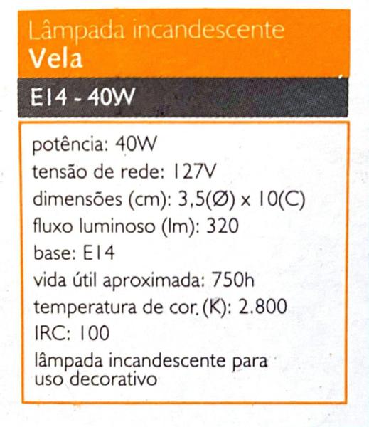 Imagem de Lampada incandescente vela 40w 127v e14 2800k - LLUM