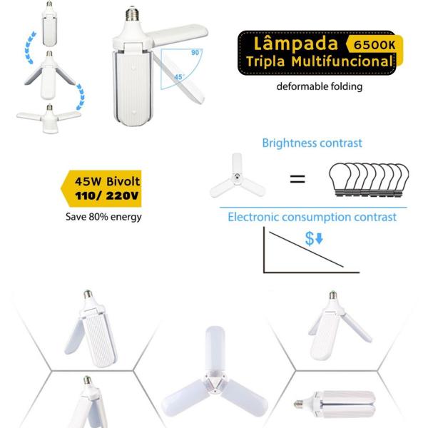 Imagem de Lâmpada LED 3 Pétalas Multifuncional Dobrável 6500k 45W