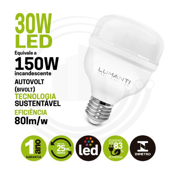 Imagem de Lâmpada LED 6500K 30W E27 Bulbo T80 Luz Branca Fria de Alta Potência LUMANTI