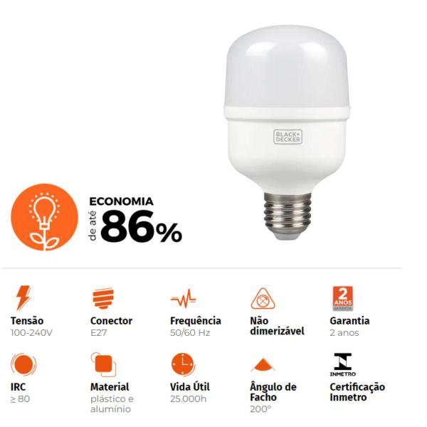 Imagem de Lampâda Led Alta Potência Eco T60 20w Luz Branca Black Decker 