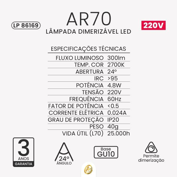 Imagem de Lâmpada Led Ar70 4.8W 2700K Luz Quente Gu10 Com Dimmer 220V