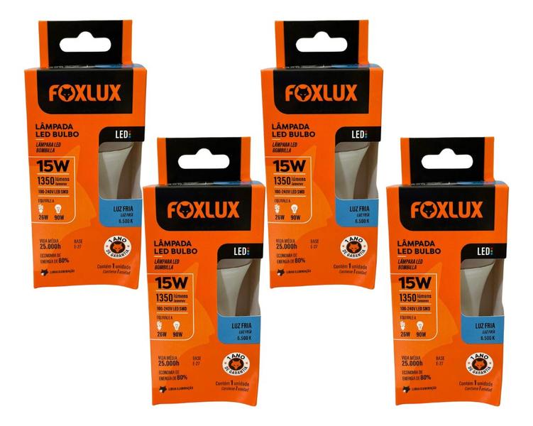 Lampada Led Bulbo 15w 6500 K Foxlux Bivolt Kit 04 Und Imagem de Lampada Led Bulbo 15w 6500 K Foxlux Bivolt Kit 04 Und