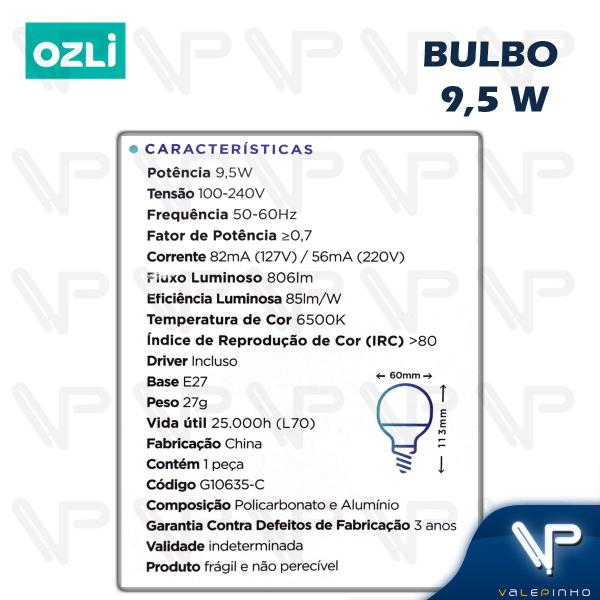 Imagem de Lâmpada led bulbo 9,5w 6500k(branco frio)e27 bivolt kit10