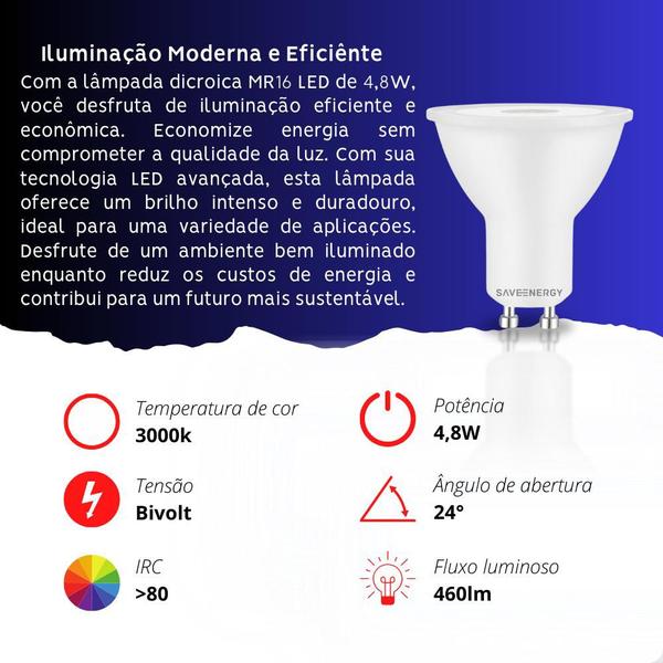 Imagem de Lâmpada LED Dicroica MR16 4,8W Luz Quente 3000k GU10 Bivolt