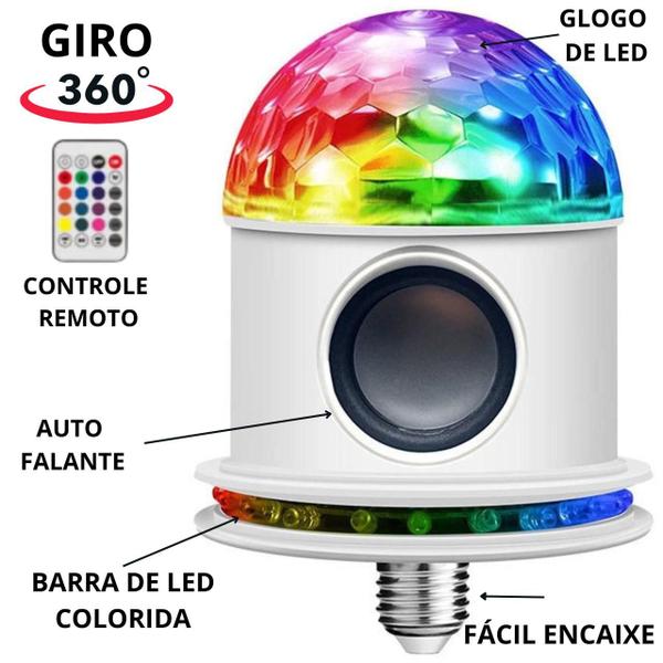 Imagem de Lâmpada LED Globo Giratória RGB Bluetooth Com Controle Remoto Colorida Festas Discoteca Dj Bivolt