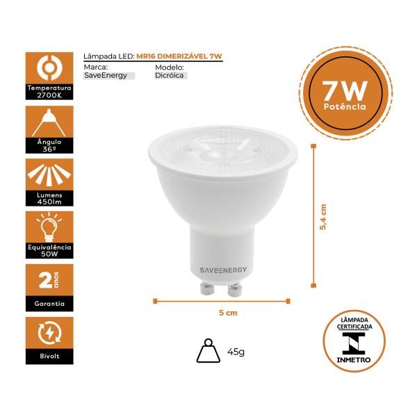 Imagem de Lâmpada Led Mr16 Dicroica Dimerizável 7w SaveEnergy 2700k