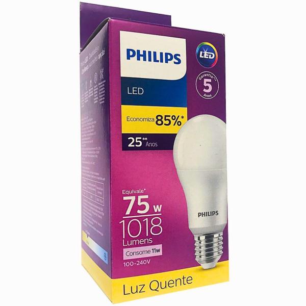 Imagem de Lâmpada Led Philips 11w Branco Quente 3000K E27 Equivale 75w Luz Amarela Bulbo Super Led Residencial Bivolt