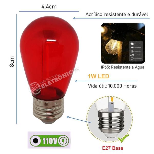 Imagem de Lâmpada LED VERMELHO Retrô 1w S14 110v Inquebrável e Impermeável 61464VM