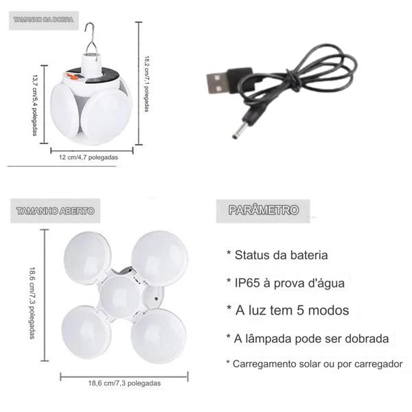 Imagem de Lâmpada Luminária Lampião Luz Solar Com Gancho Ajustável 5 Modos Iluminação Usb Camping Pesca TB2100